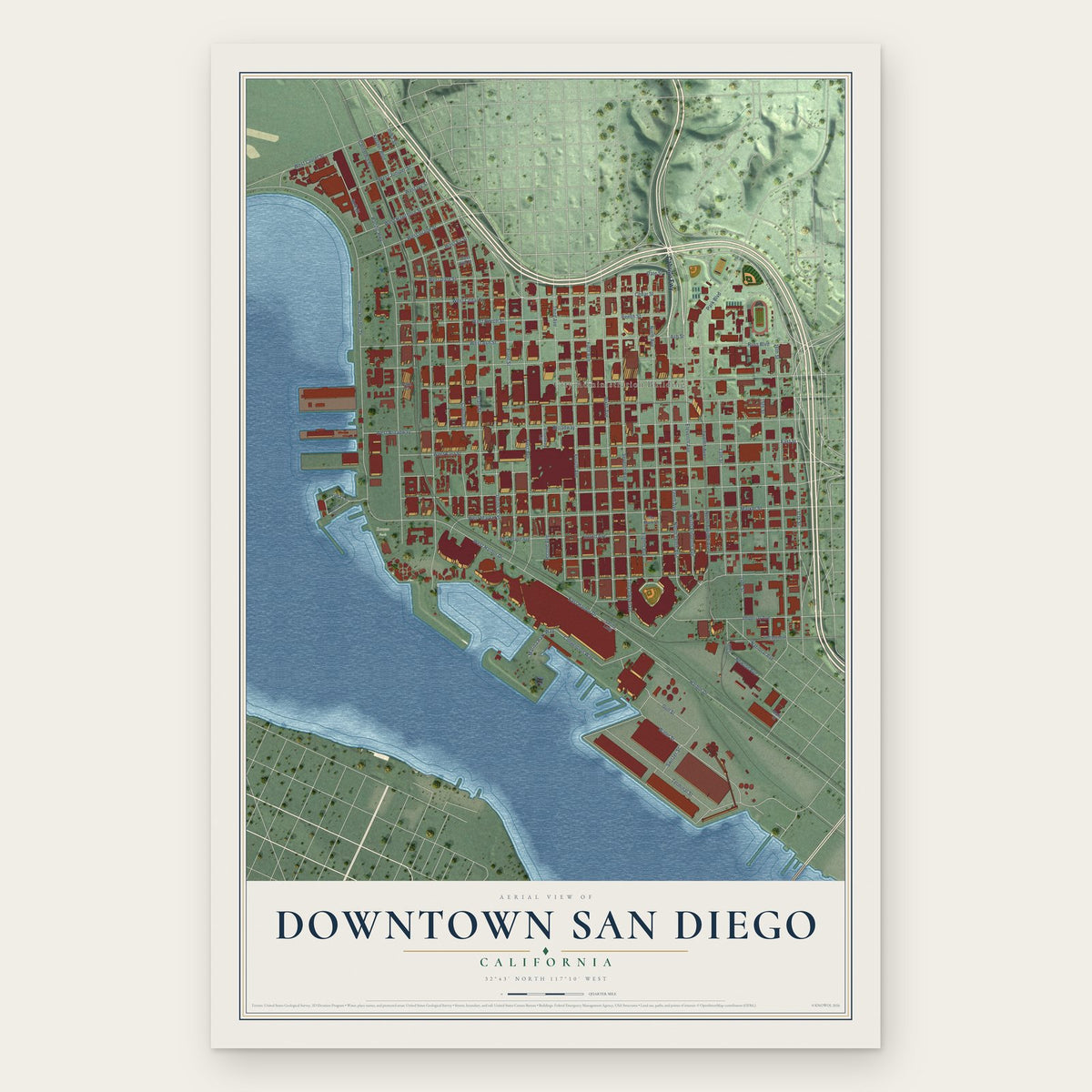 Downtown San Diego, California map print, the full design