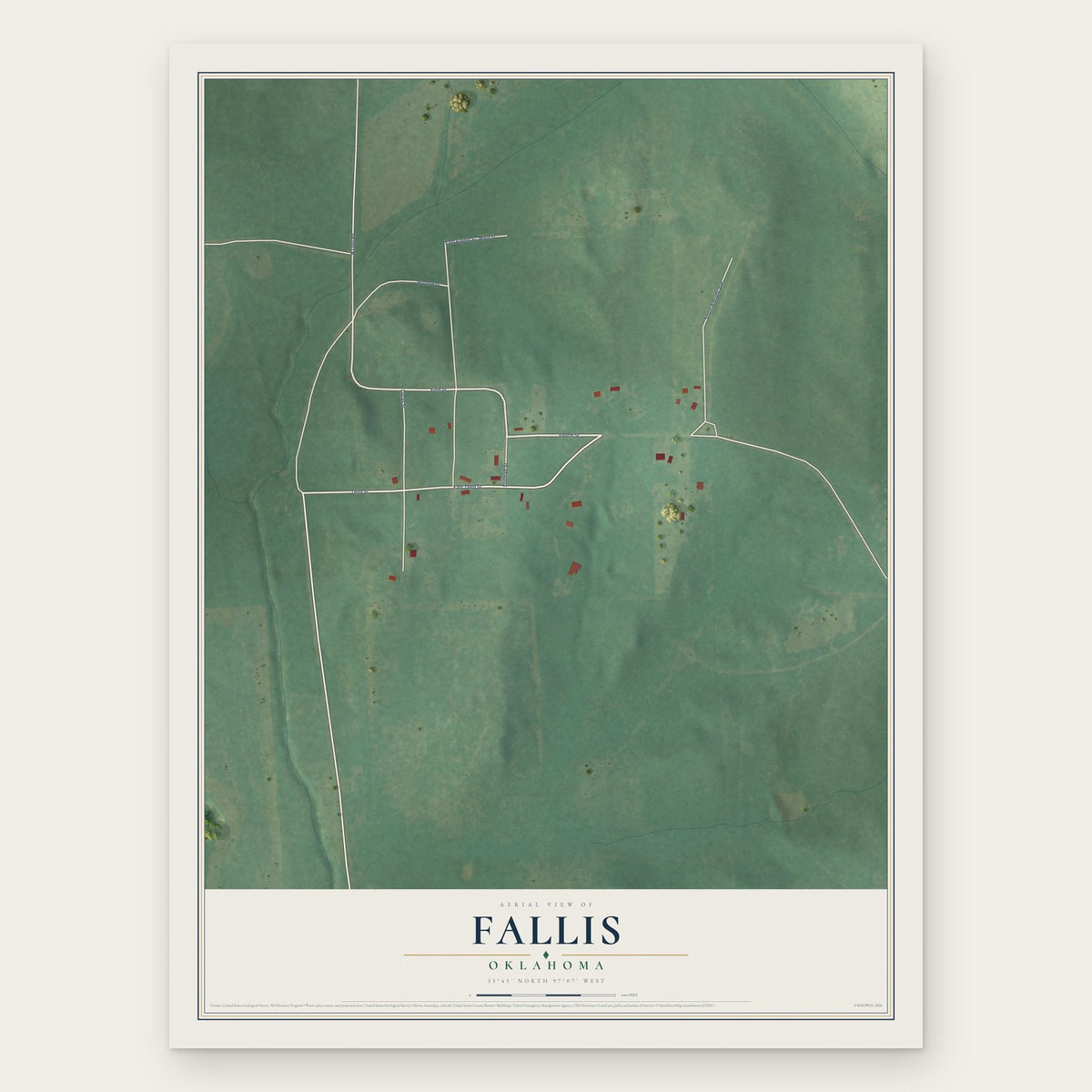 Fallis, Oklahoma map print, the full design