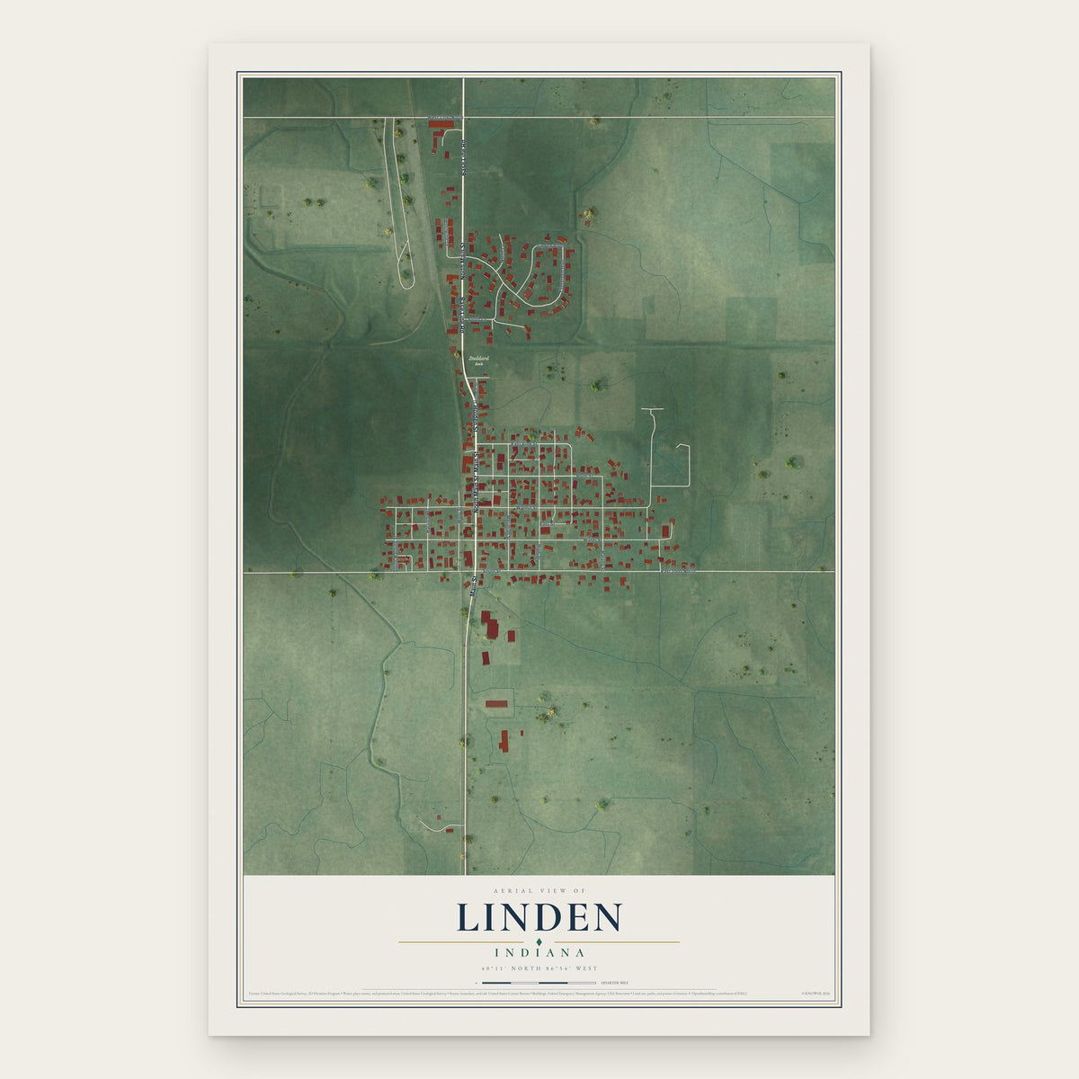 Linden, Indiana map print, the full design