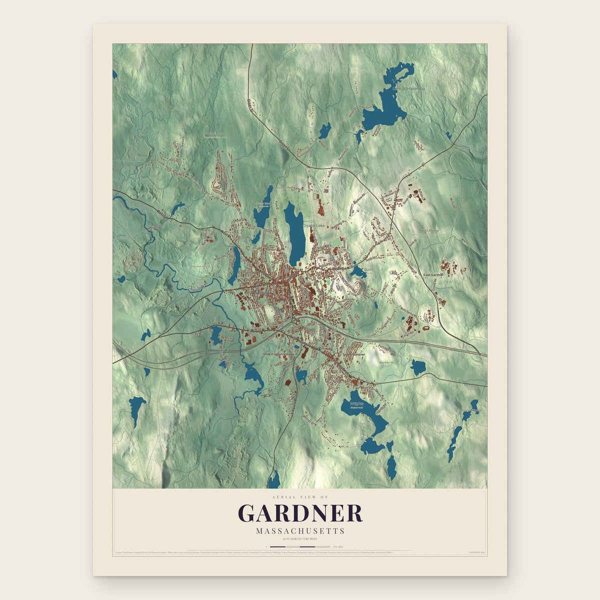 Gardner, Massachusetts map print, the full design