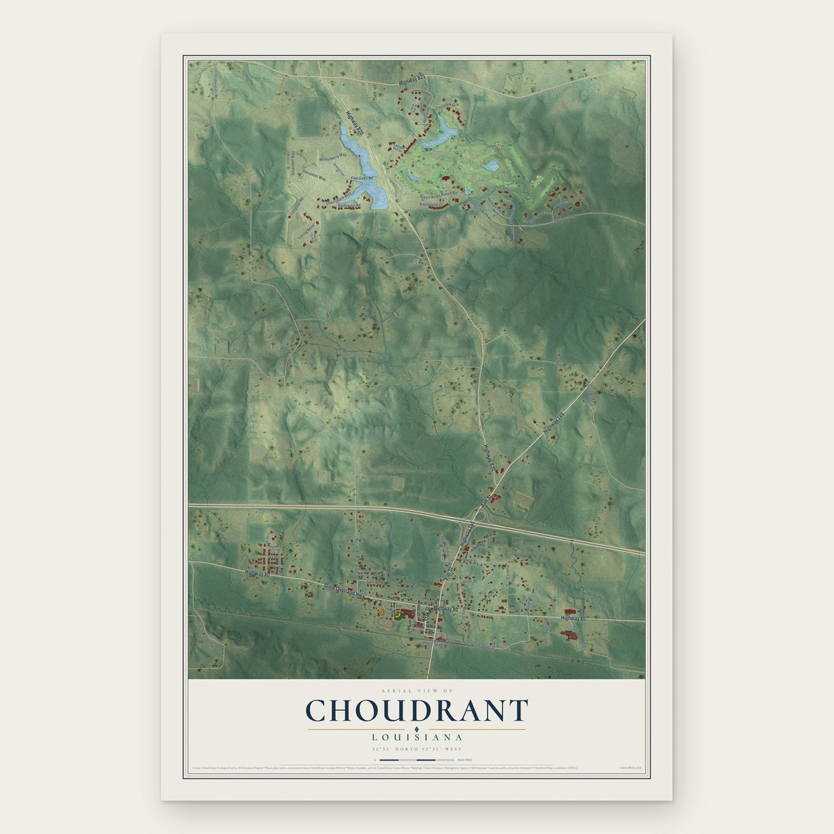 Choudrant, Louisiana map print, the full design