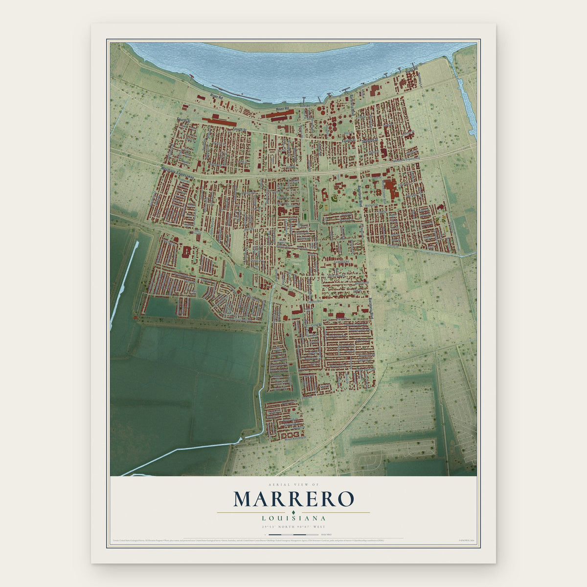 Marrero, Louisiana map print, the full design