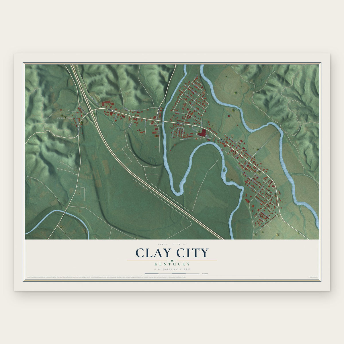 Clay City, Kentucky map print, the full design