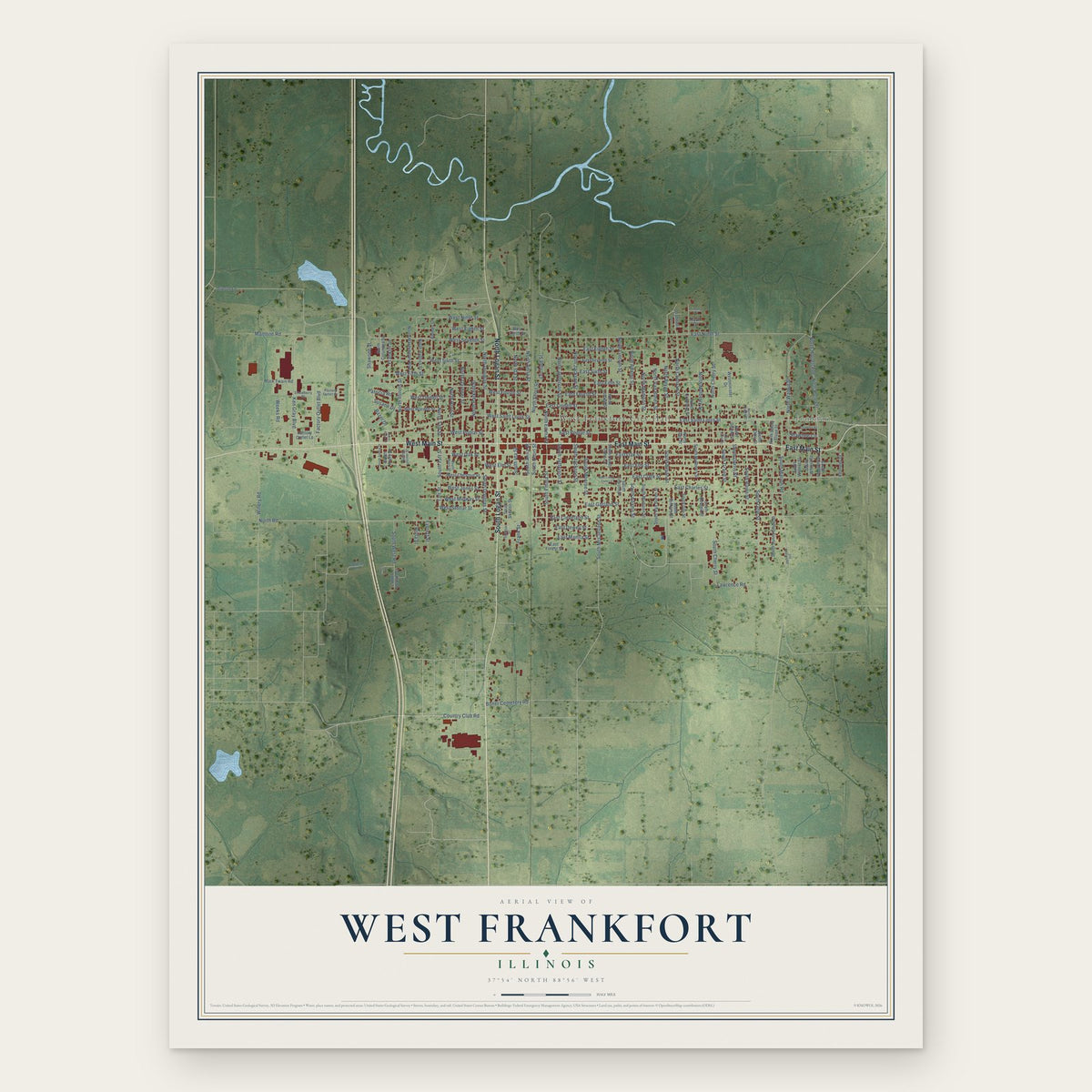 West Frankfort, Illinois map print, the full design
