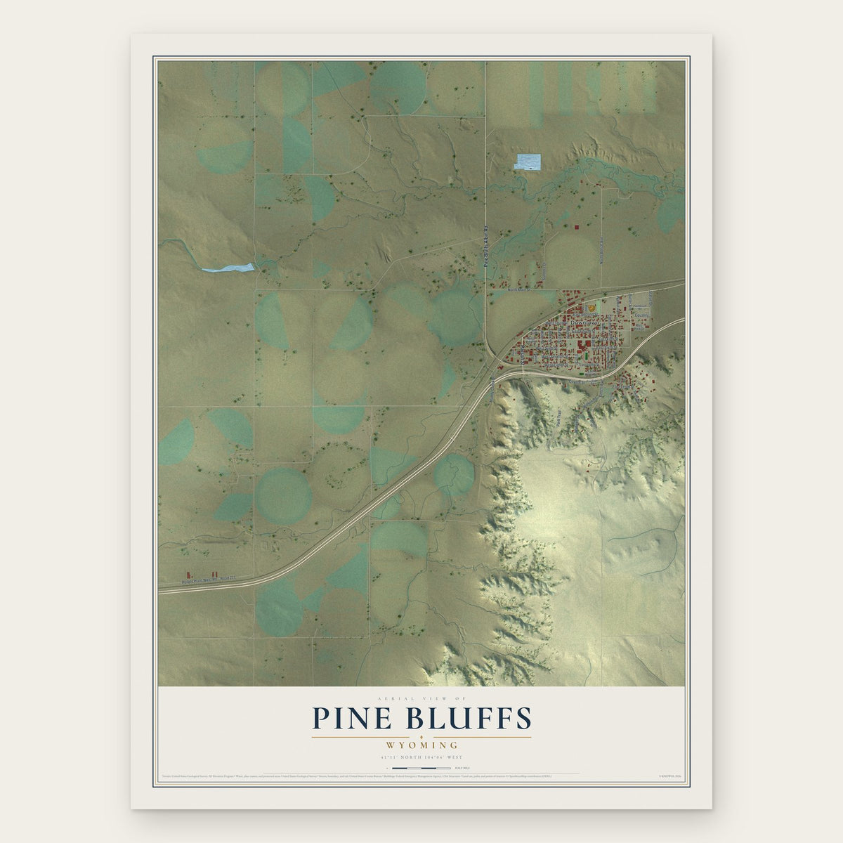 Pine Bluffs, Wyoming map print, the full design