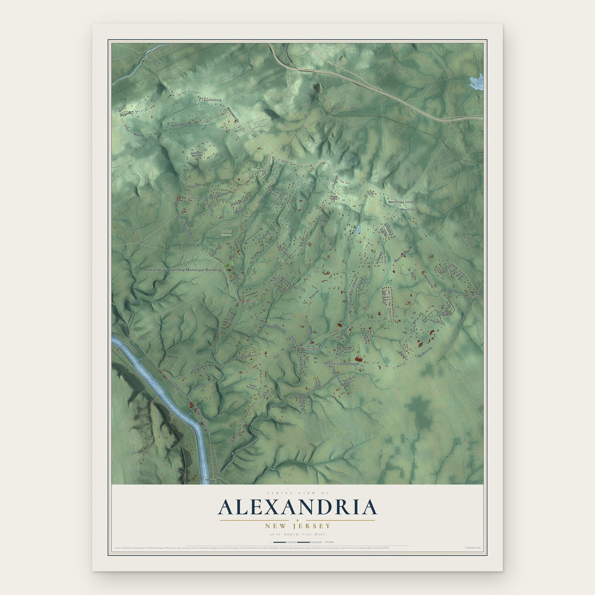 Alexandria, New Jersey map print, the full design
