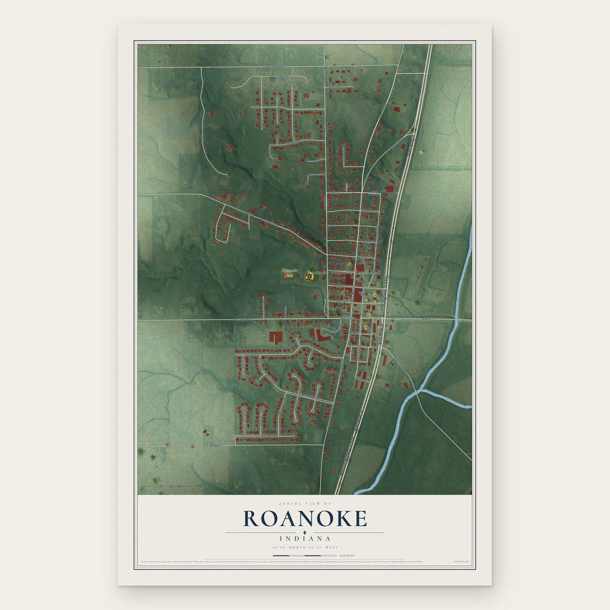 Roanoke, Indiana map print, the full design