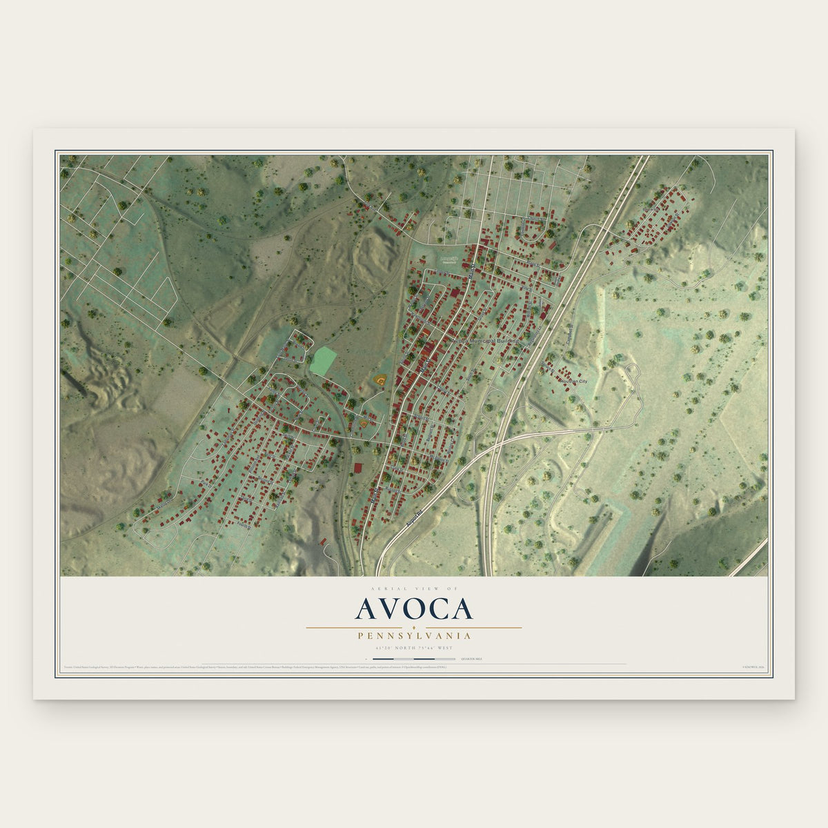 Avoca, Pennsylvania map print, the full design
