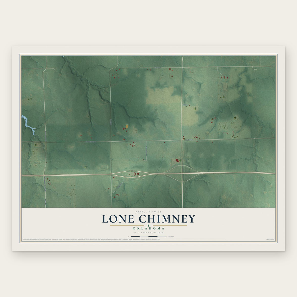 Lone Chimney, Oklahoma map print, the full design