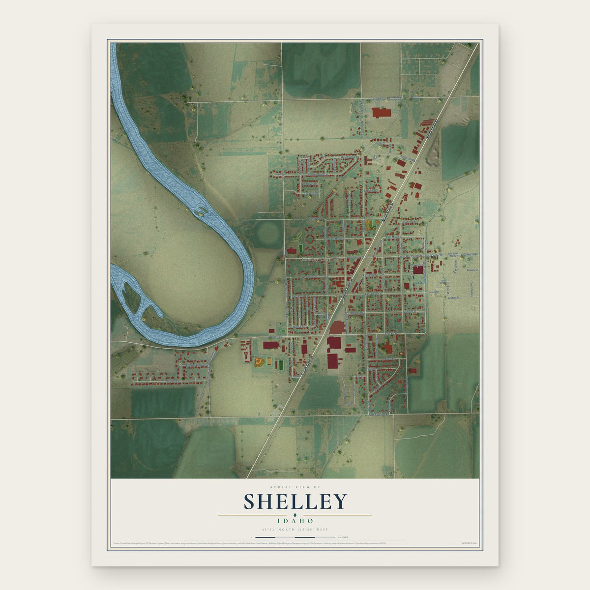 Shelley, Idaho map print, the full design