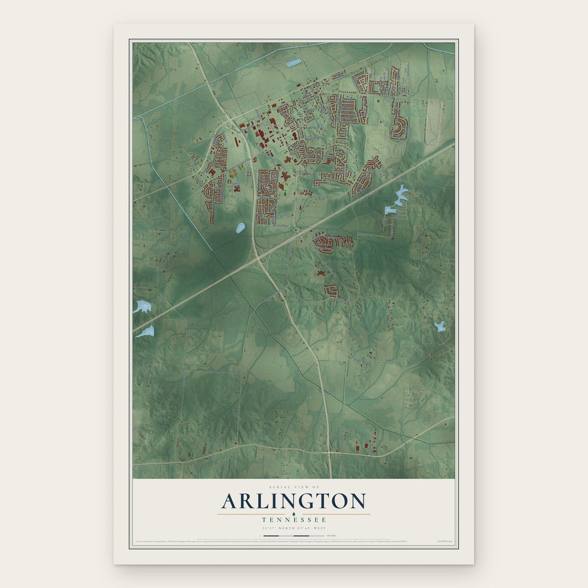 Arlington, Tennessee map print, the full design