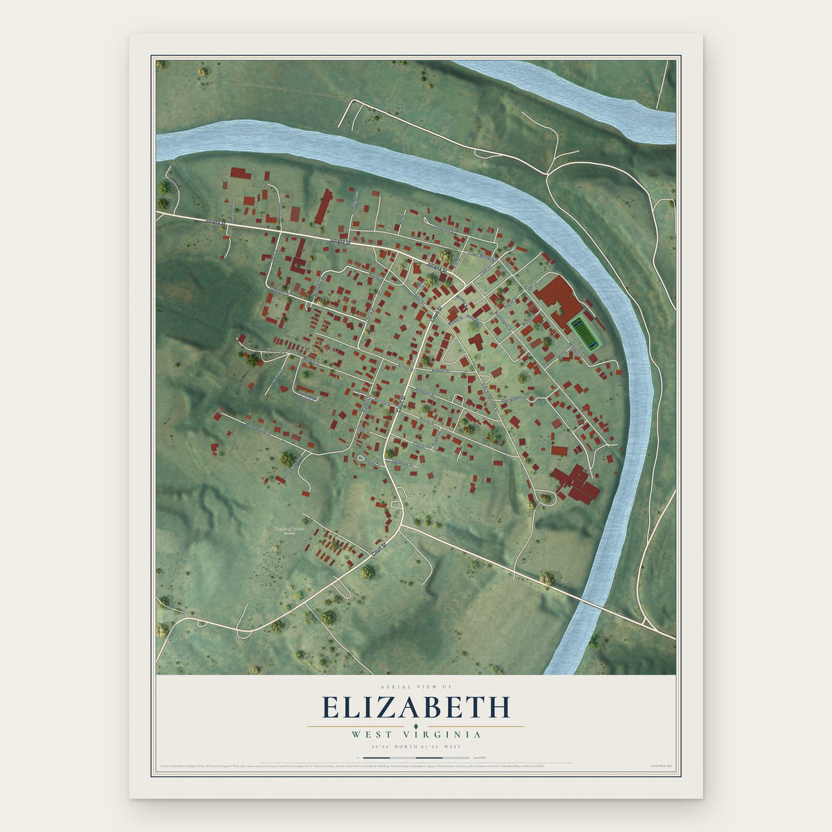 Elizabeth, West Virginia map print, the full design