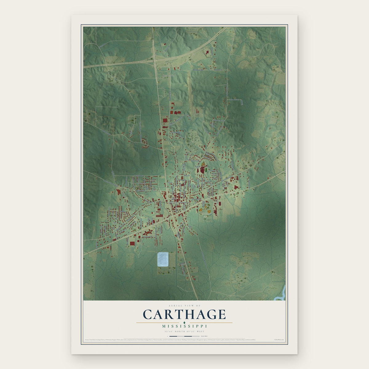 Carthage, Mississippi map print, the full design