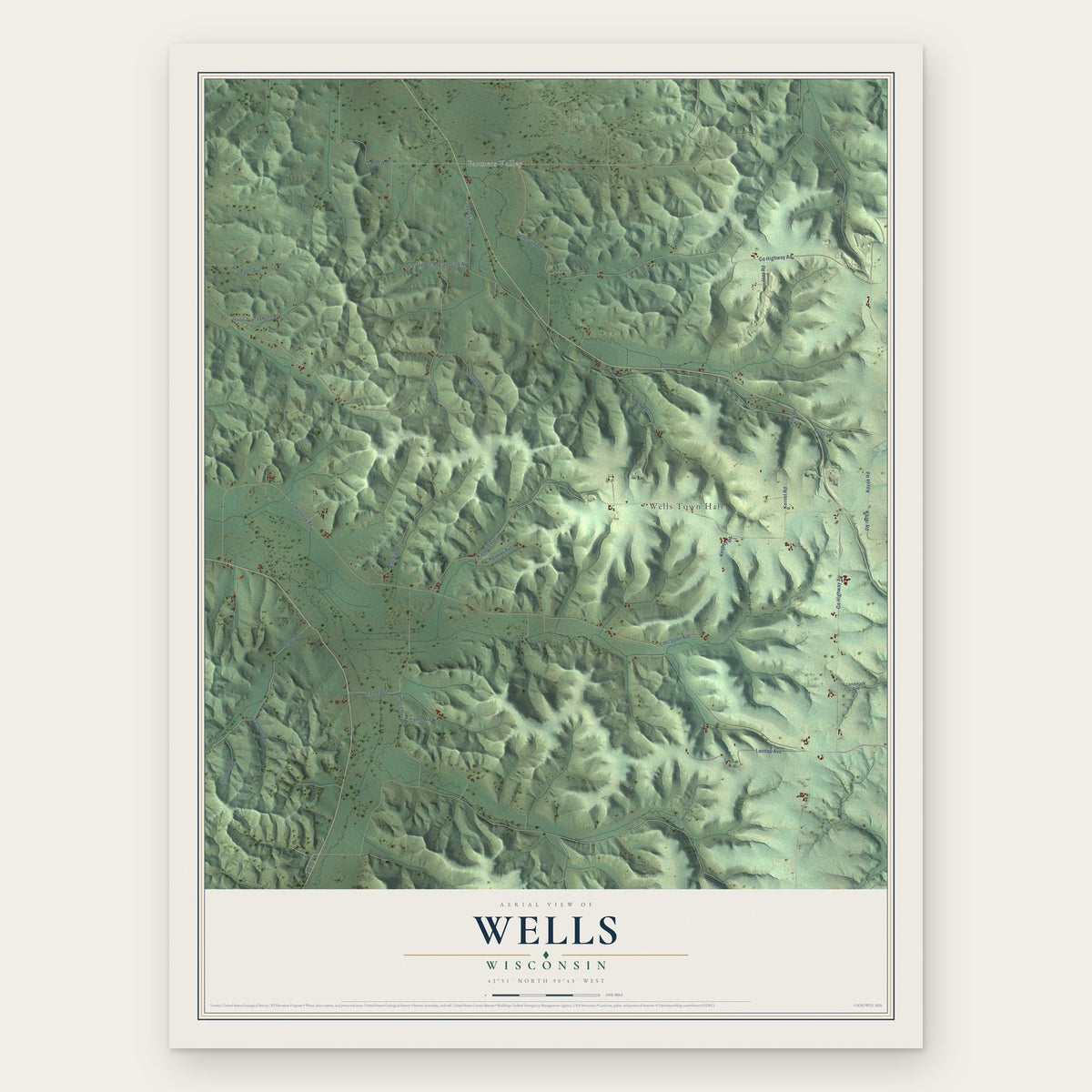 Wells, Wisconsin map print, the full design