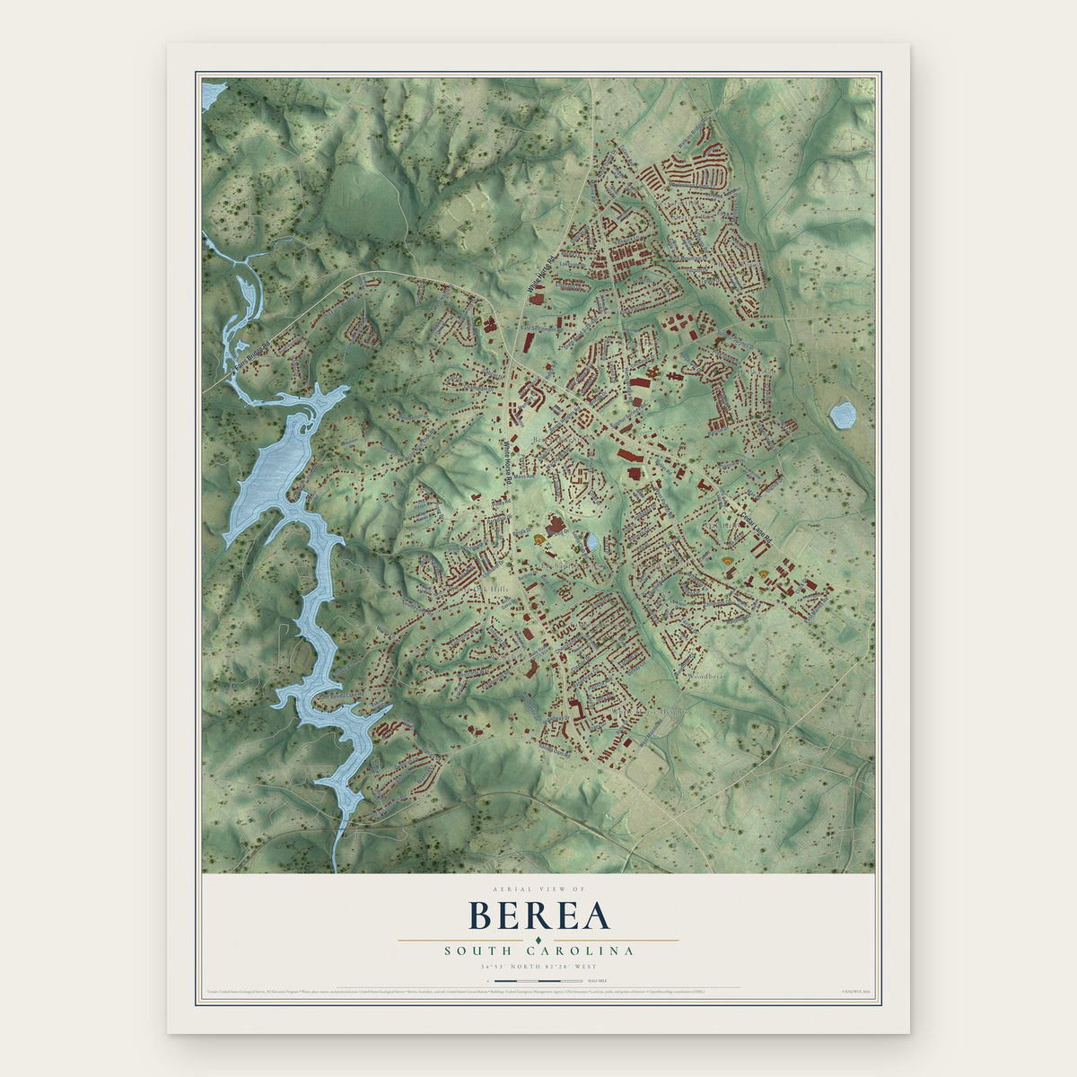 Berea, South Carolina map print, the full design