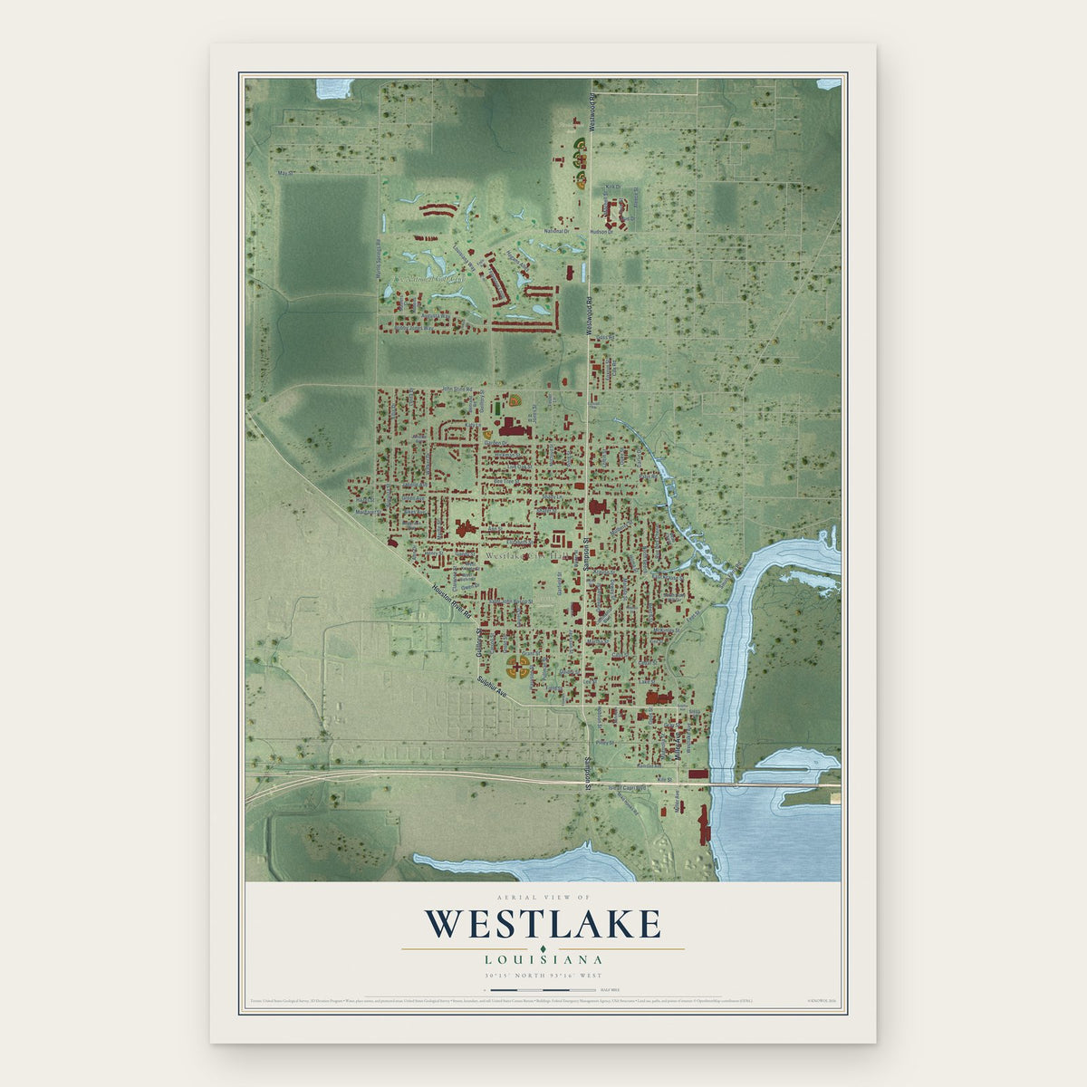 Westlake, Louisiana map print, the full design