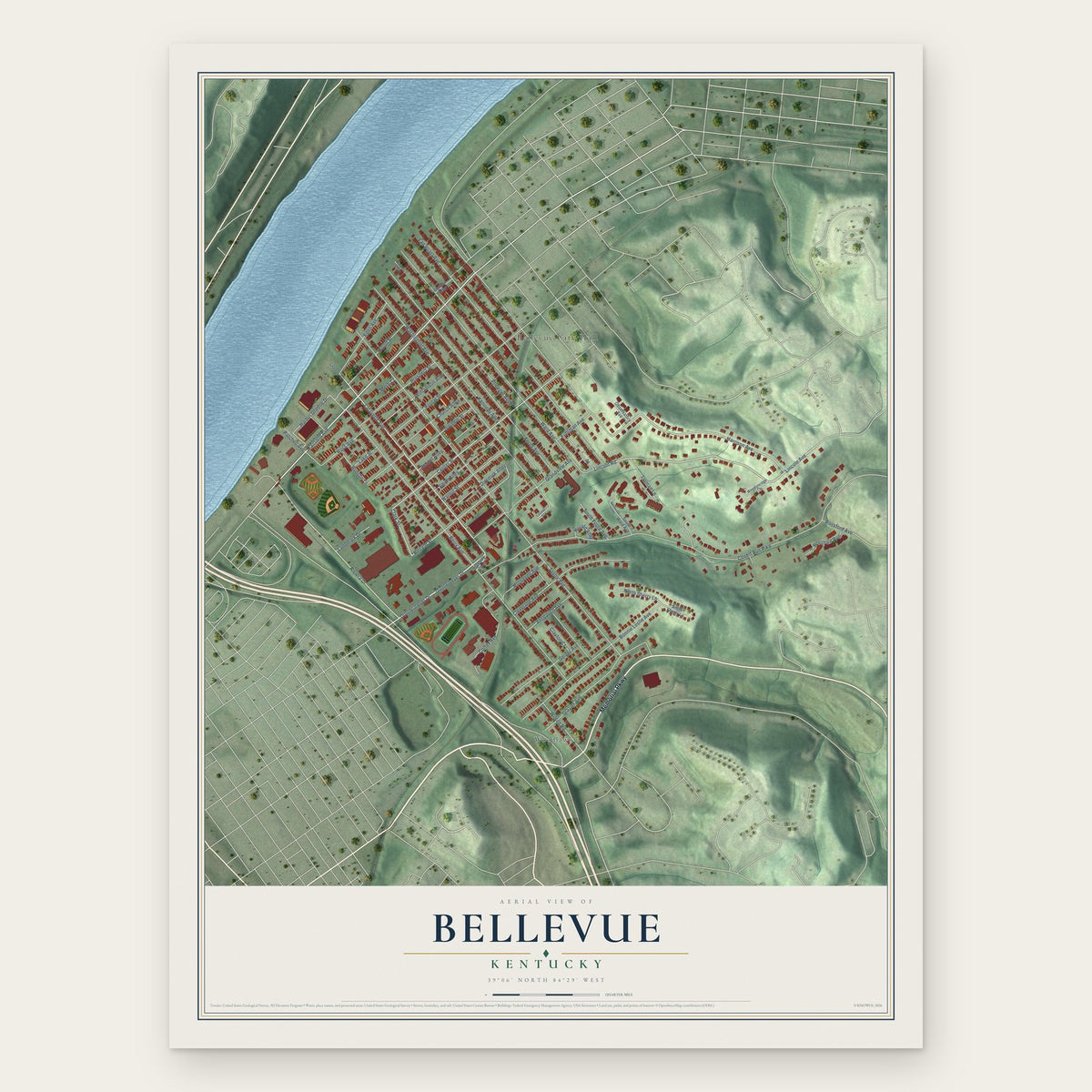 Bellevue, Kentucky map print, the full design