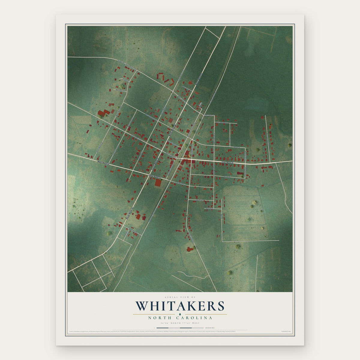 Whitakers, North Carolina map print, the full design