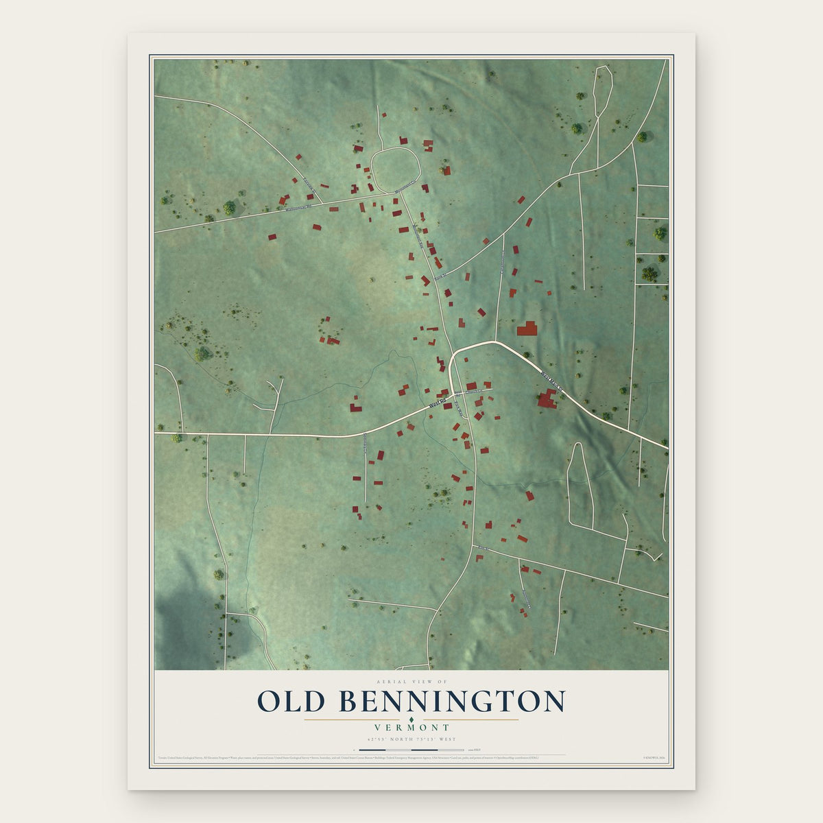 Old Bennington, Vermont map print, the full design