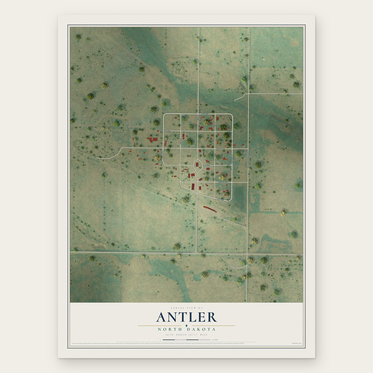Antler, North Dakota map print, the full design