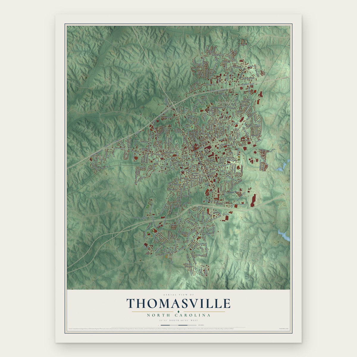 Thomasville, North Carolina map print, the full design