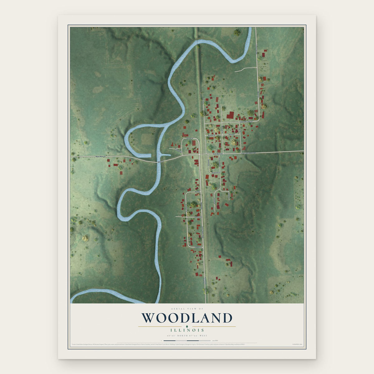 Woodland, Illinois map print, the full design