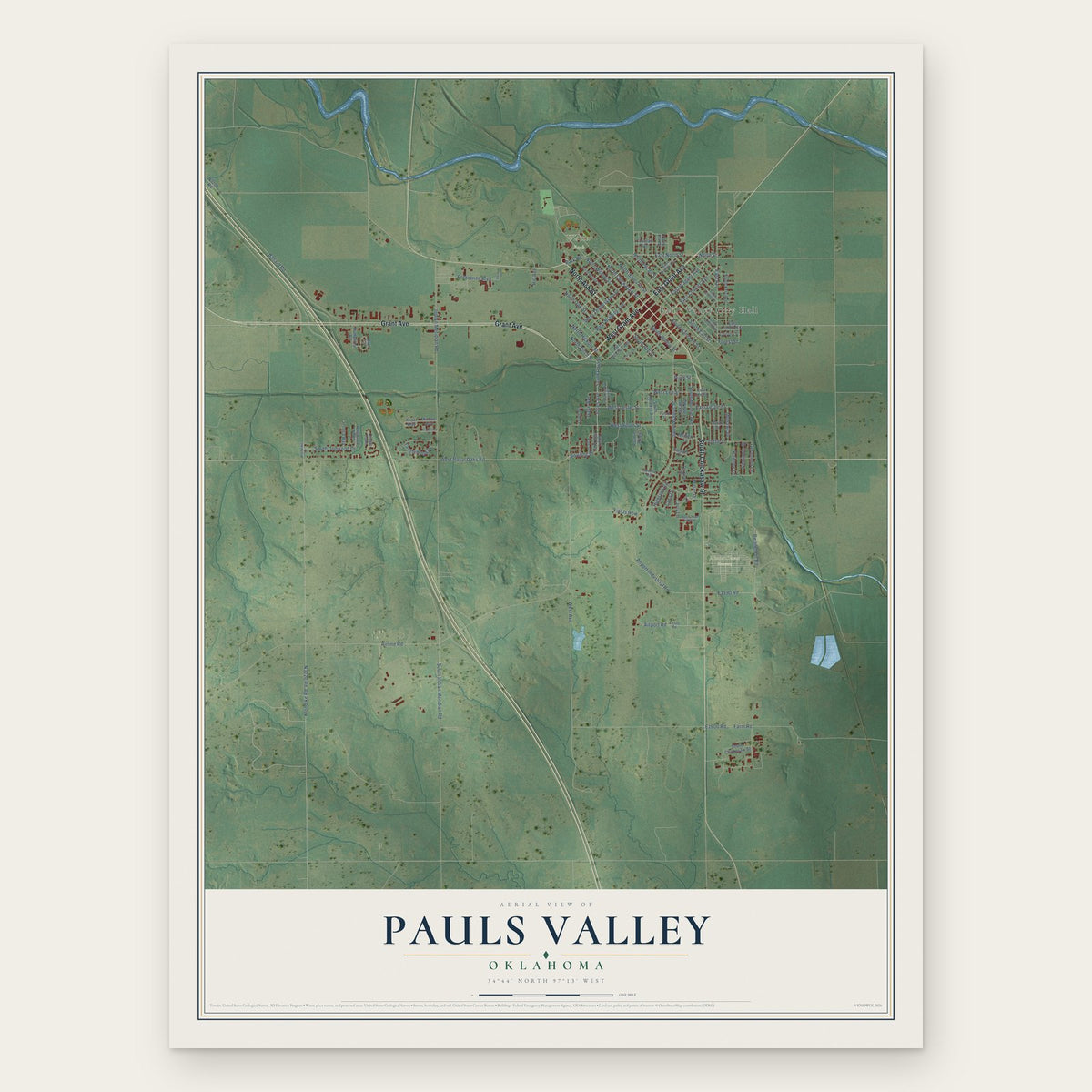 Pauls Valley, Oklahoma map print, the full design