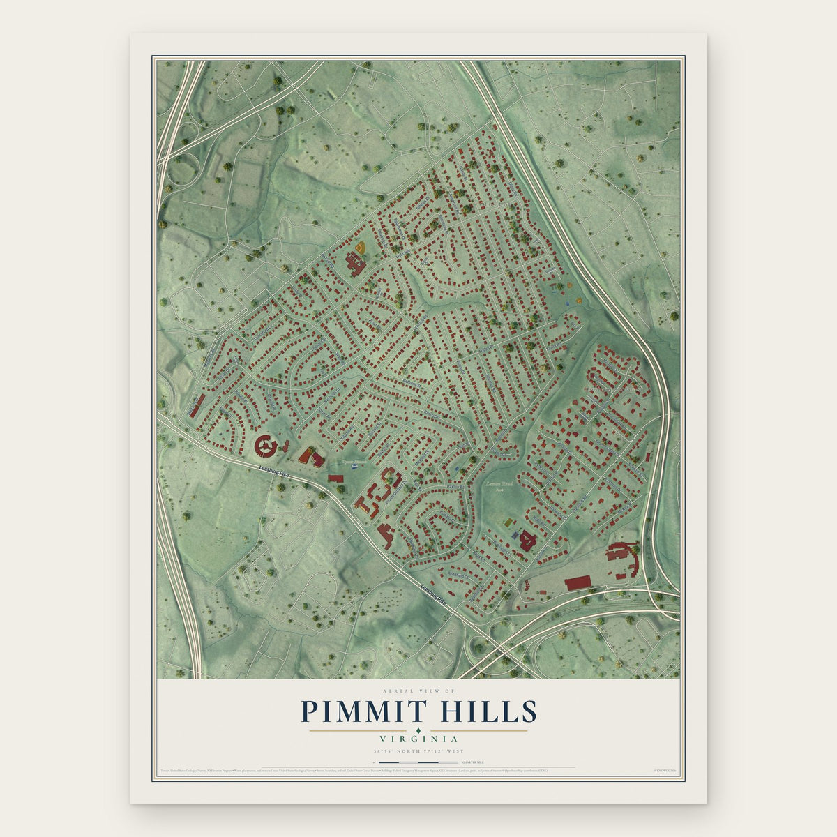 Pimmit Hills, Virginia map print, the full design