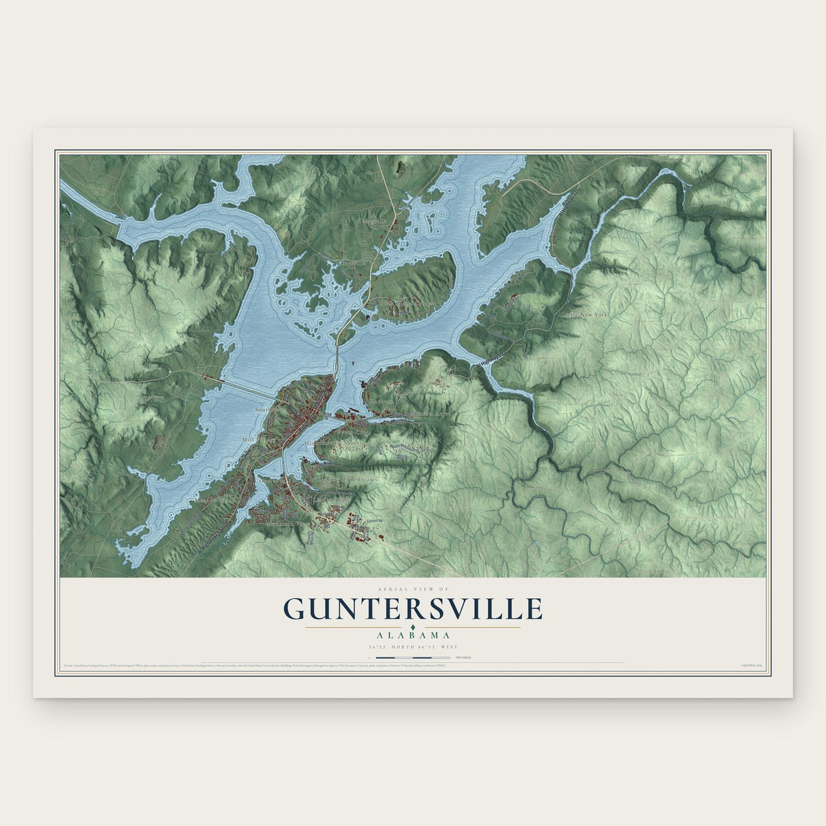 Guntersville, Alabama map print, the full design