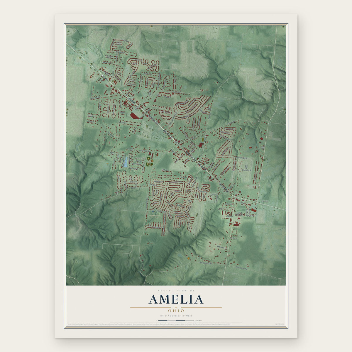 Amelia, Ohio map print, the full design