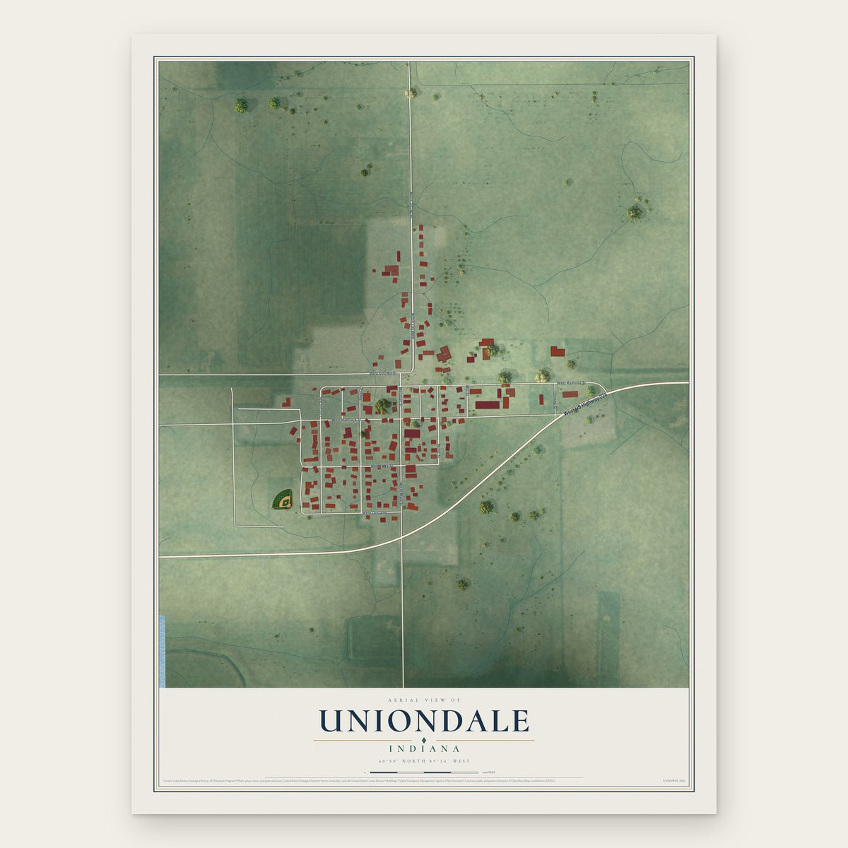 Uniondale, Indiana map print, the full design