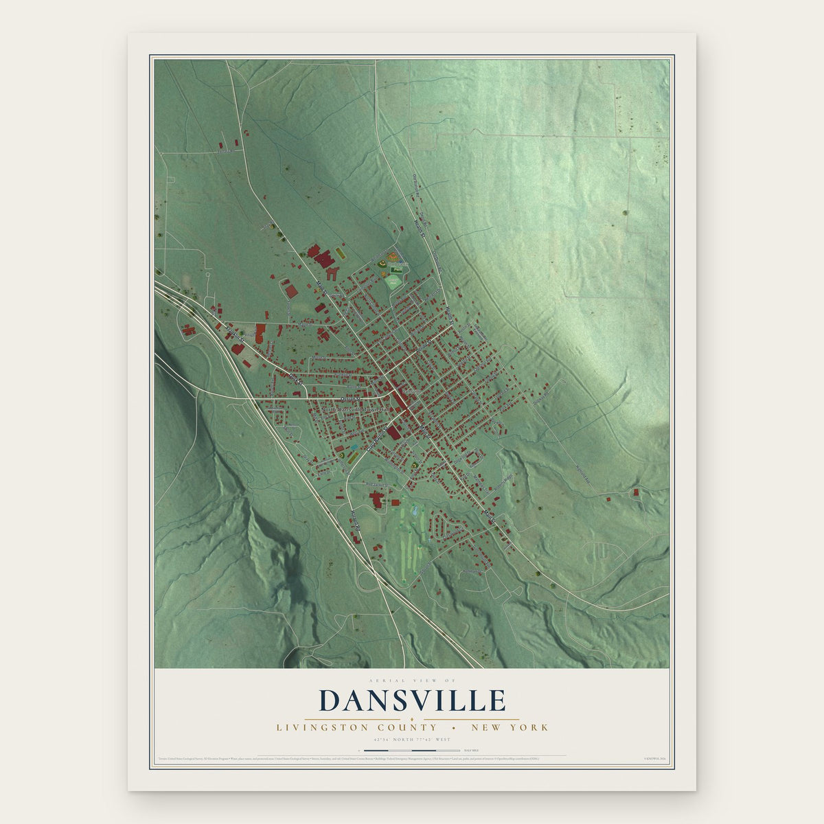 Dansville, Livingston County, New York map print, the full design