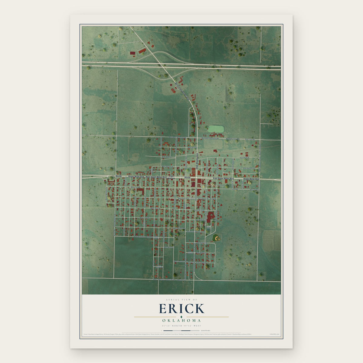 Erick, Oklahoma map print, the full design