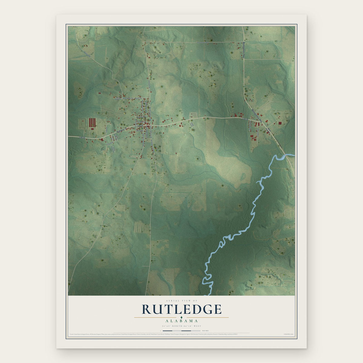 Rutledge, Alabama map print, the full design