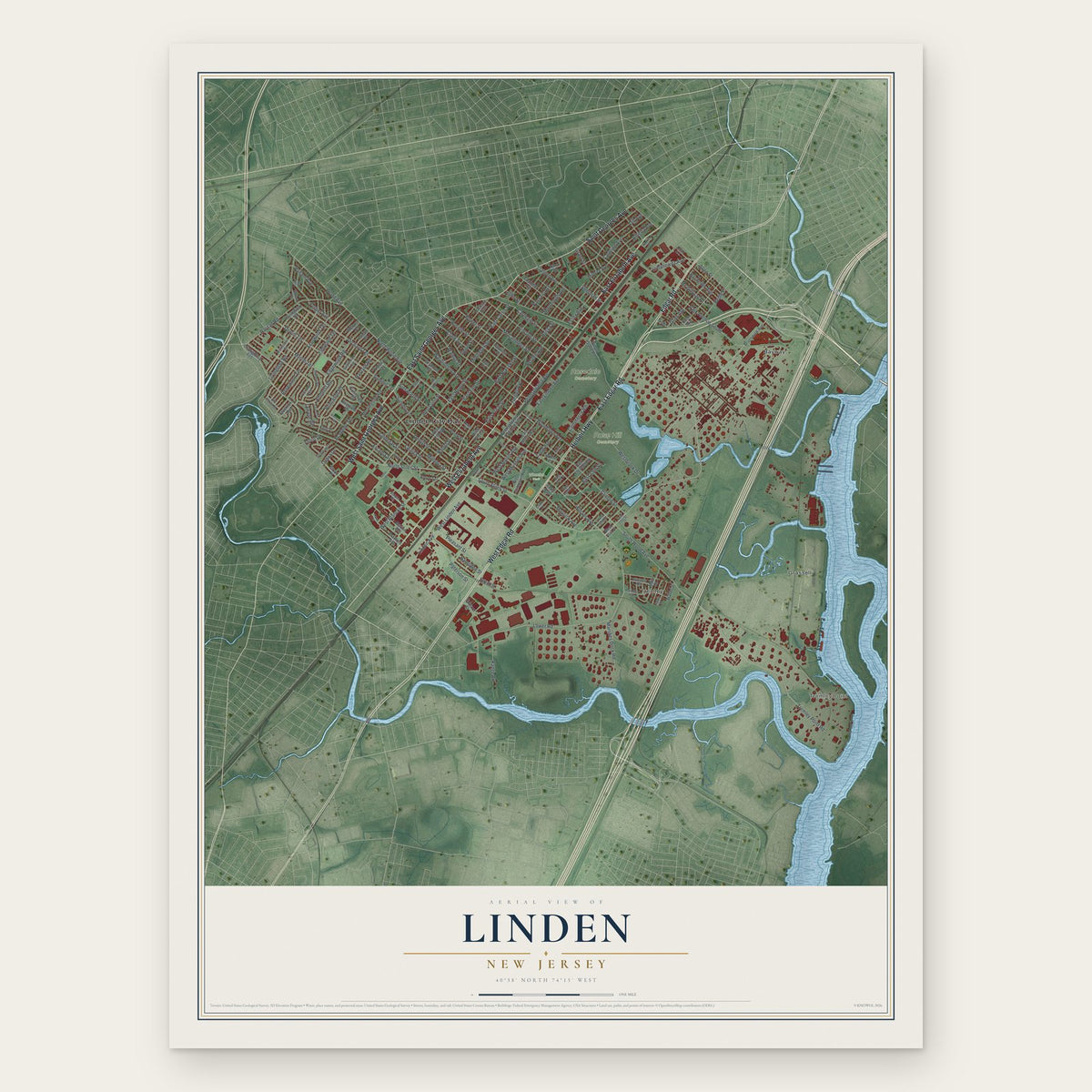 Linden, New Jersey map print, the full design