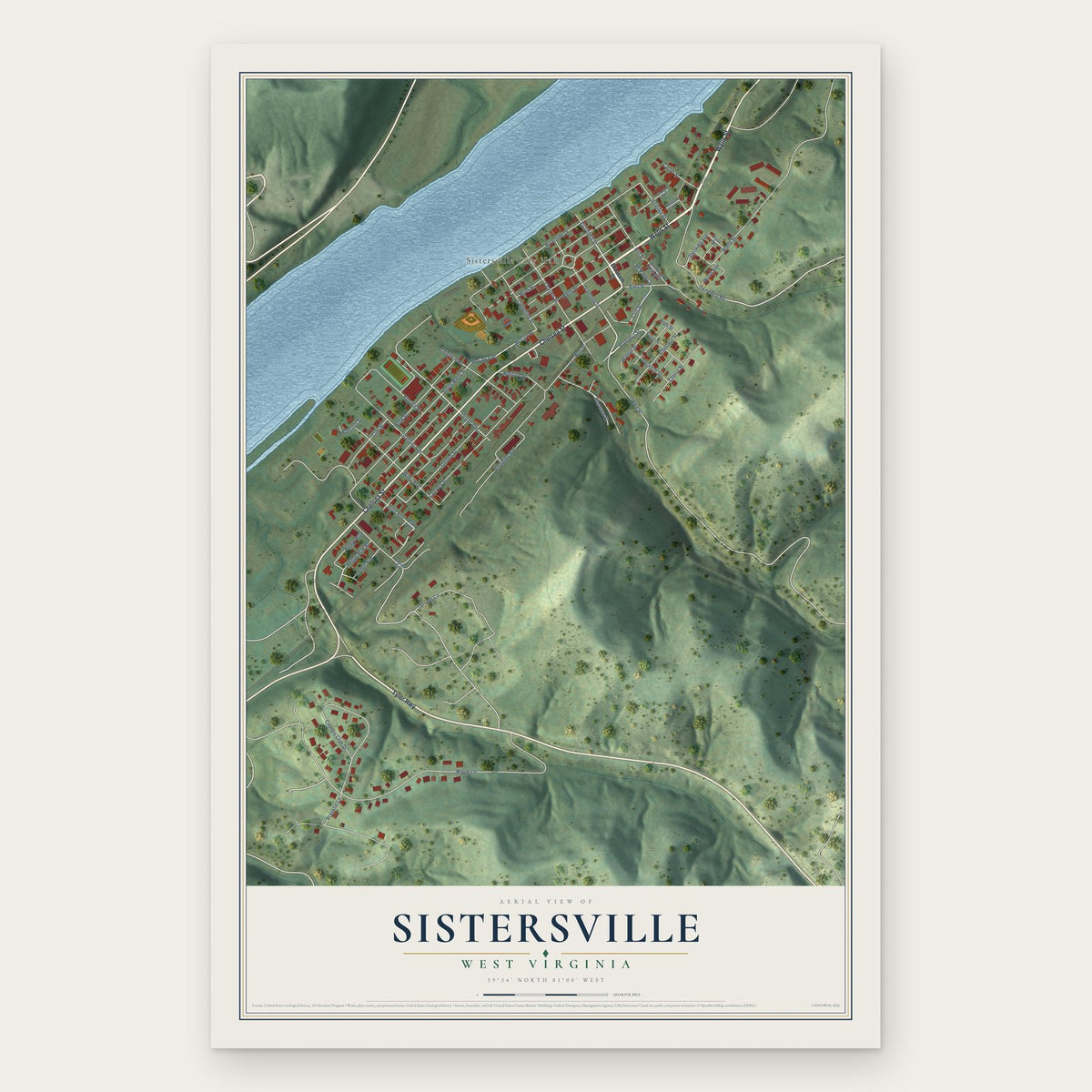 Sistersville, West Virginia map print, the full design