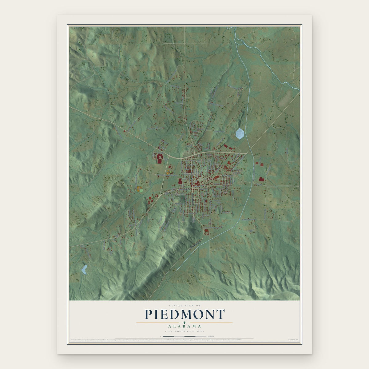 Piedmont, Alabama map print, the full design