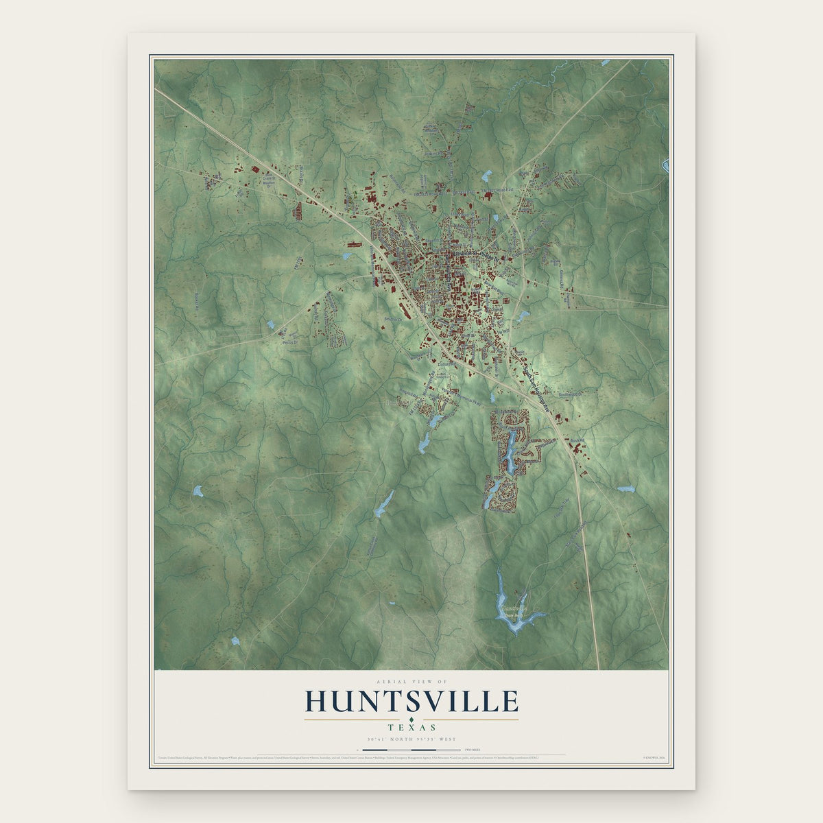 Huntsville, Texas map print, the full design