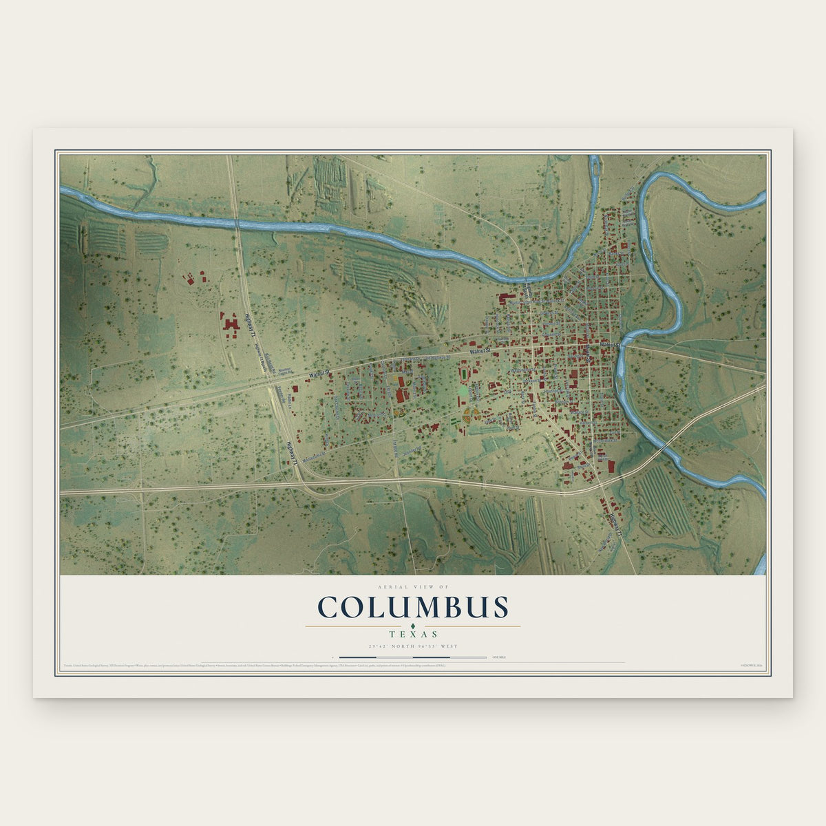Columbus, Texas map print, the full design