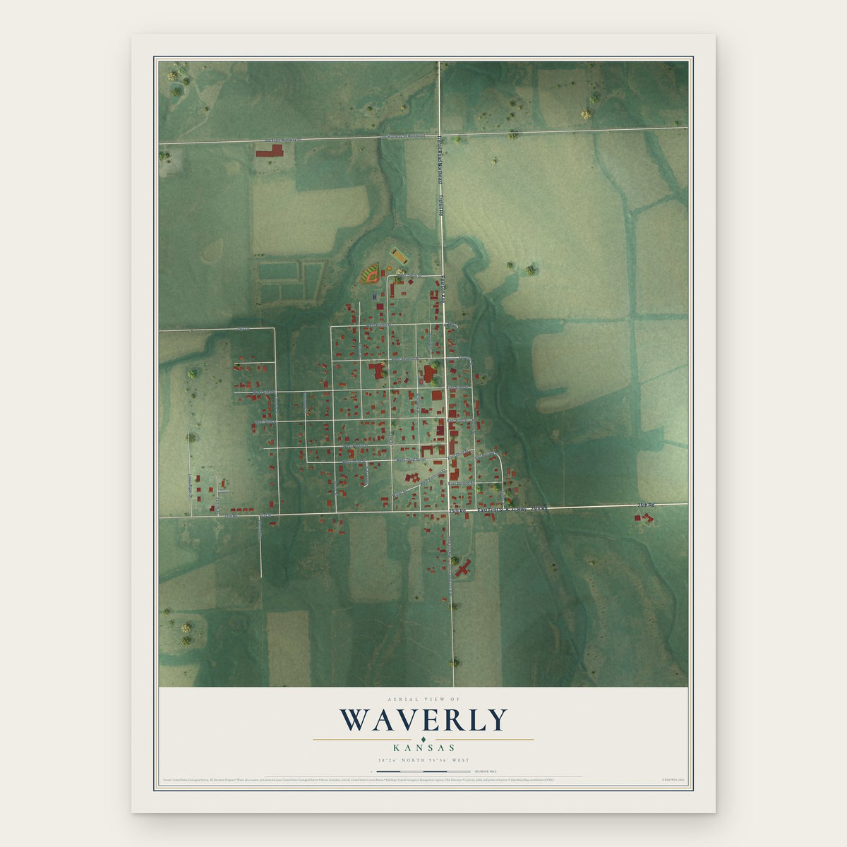 Waverly, Kansas map print, the full design