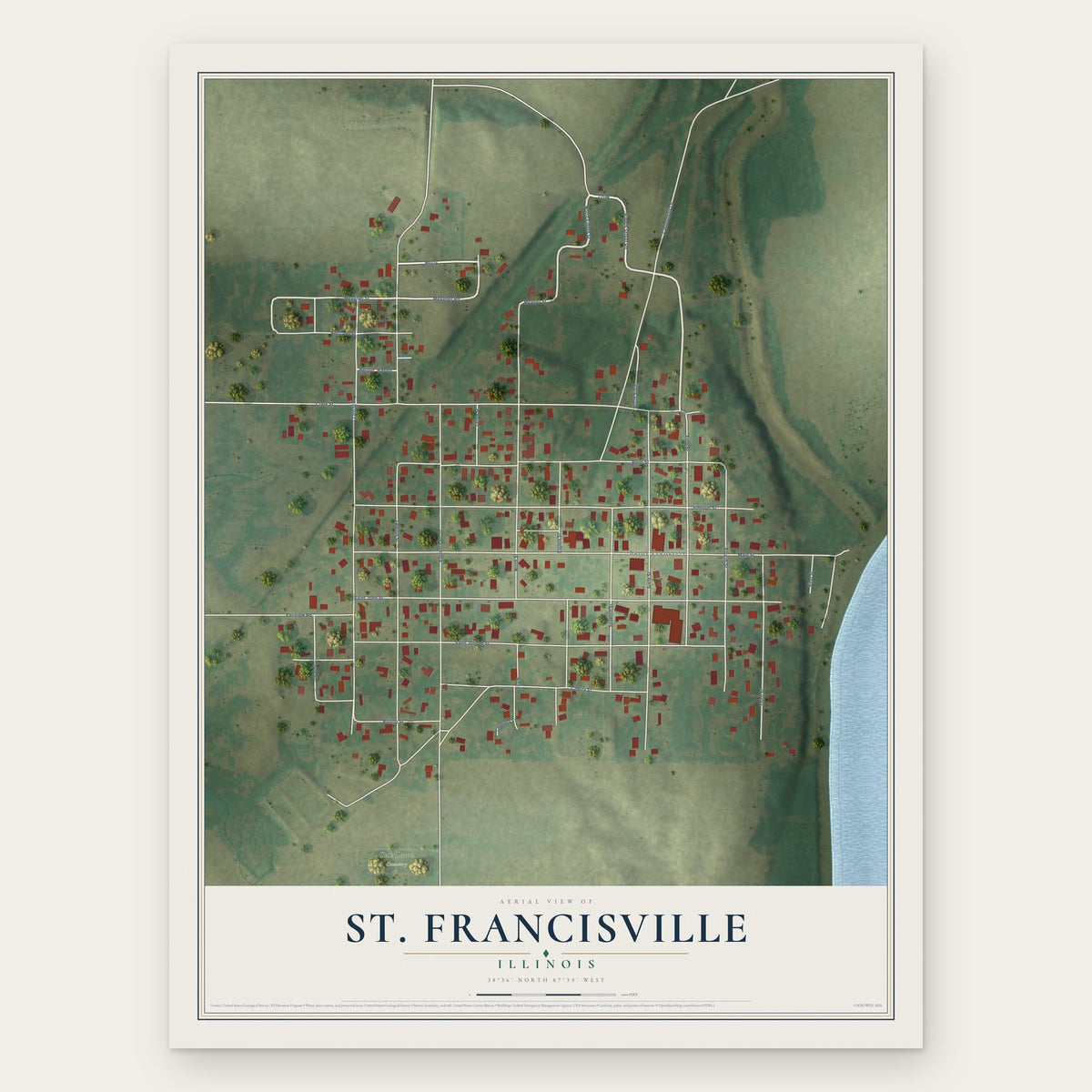 St. Francisville, Illinois map print, the full design
