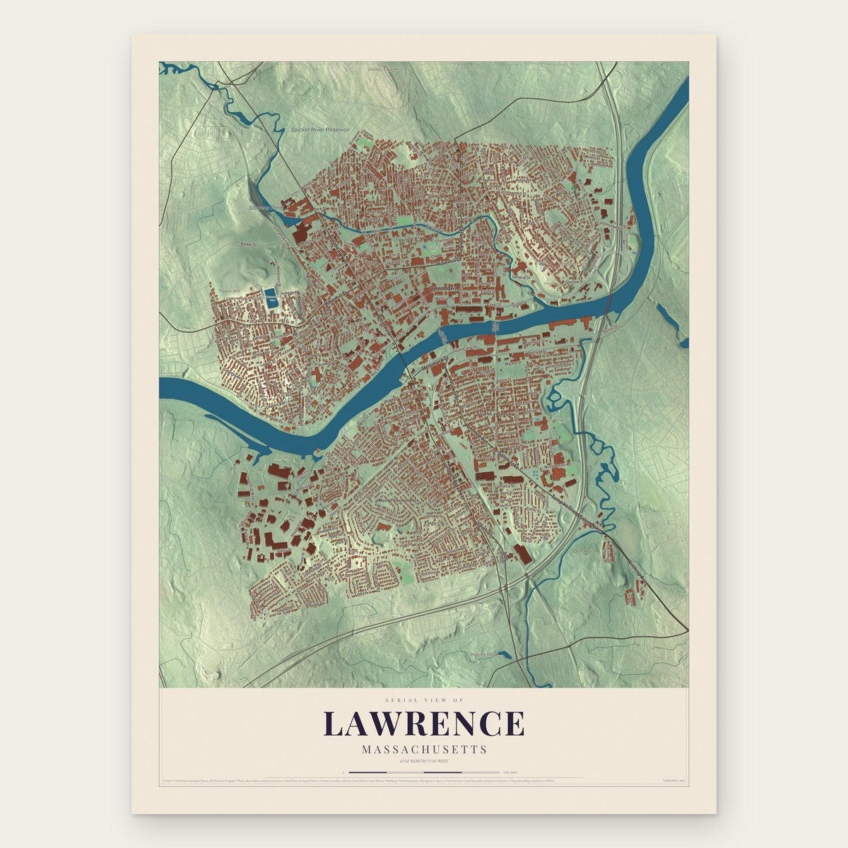 Lawrence, Massachusetts map print, the full design
