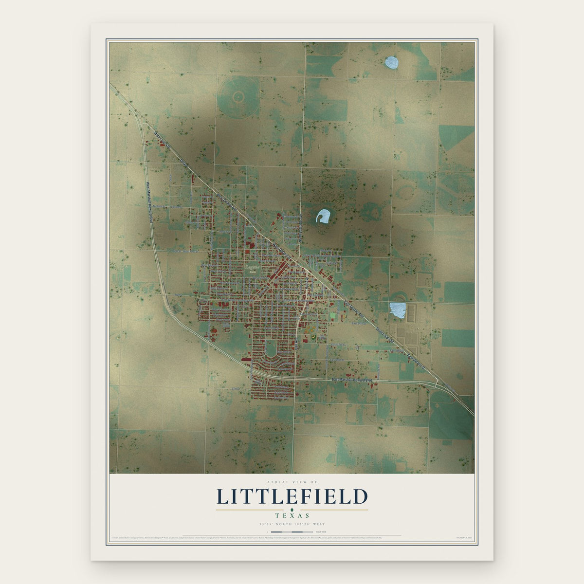 Littlefield, Texas map print, the full design