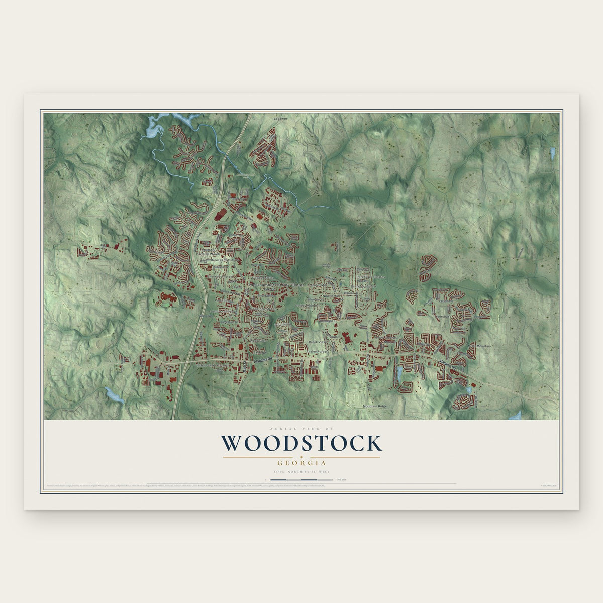 Woodstock, Georgia map print, the full design