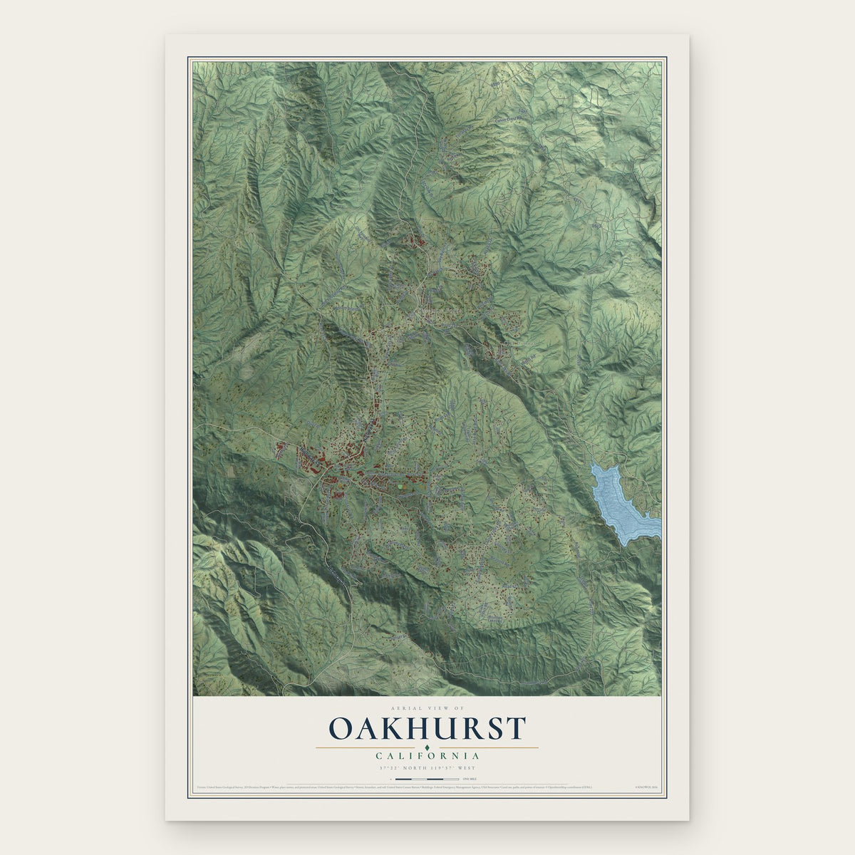 Oakhurst, California map print, the full design