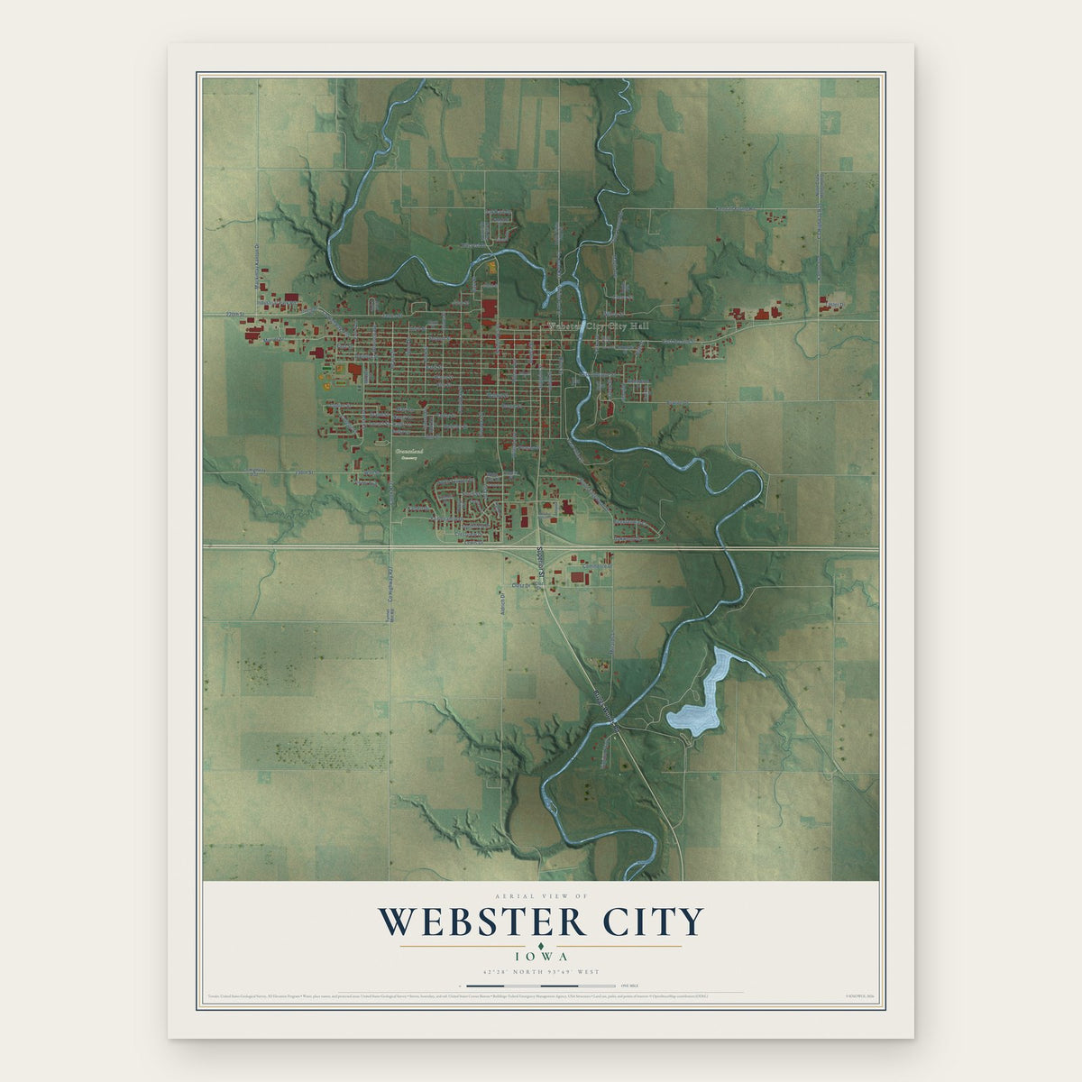 Webster City, Iowa map print, the full design