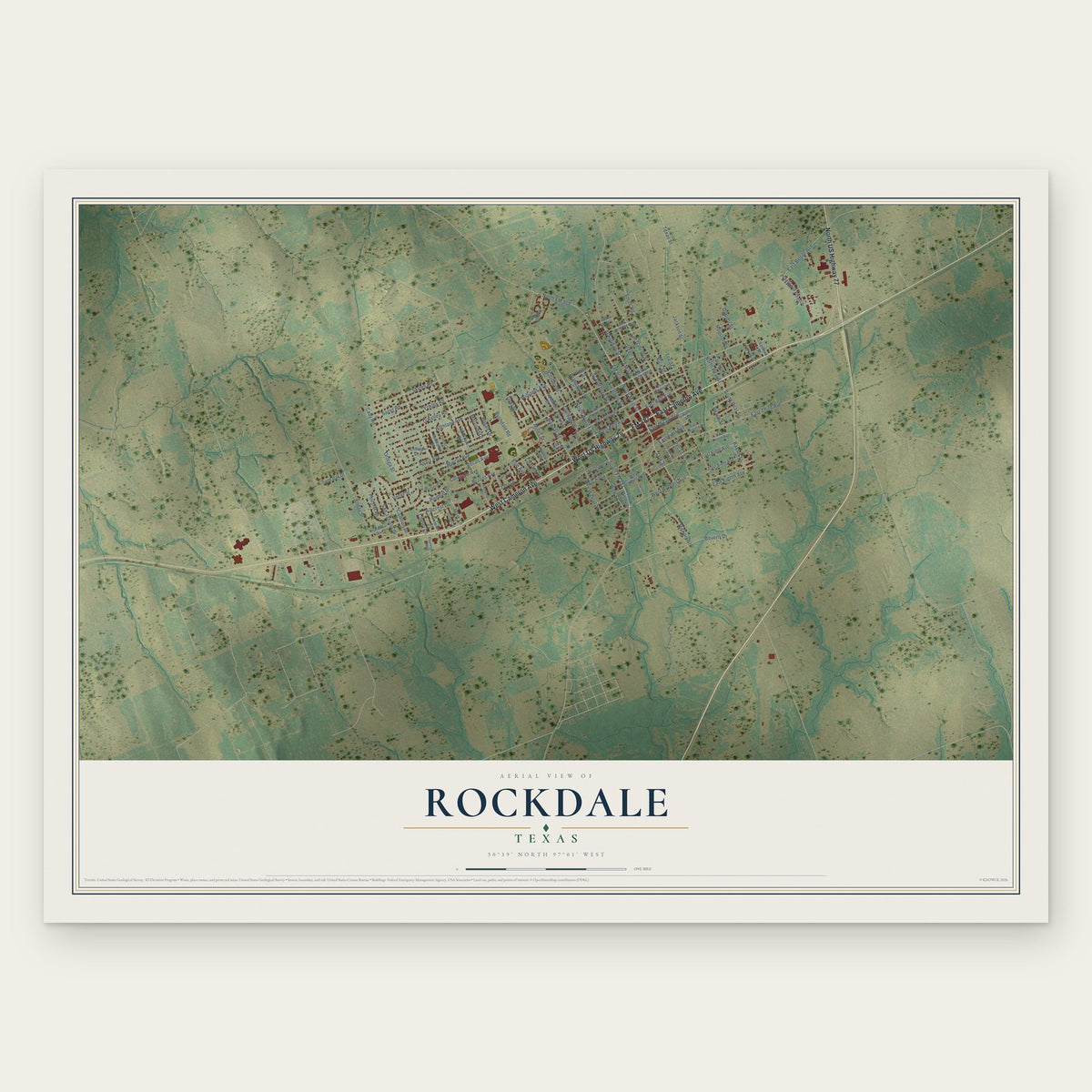 Rockdale, Texas map print, the full design
