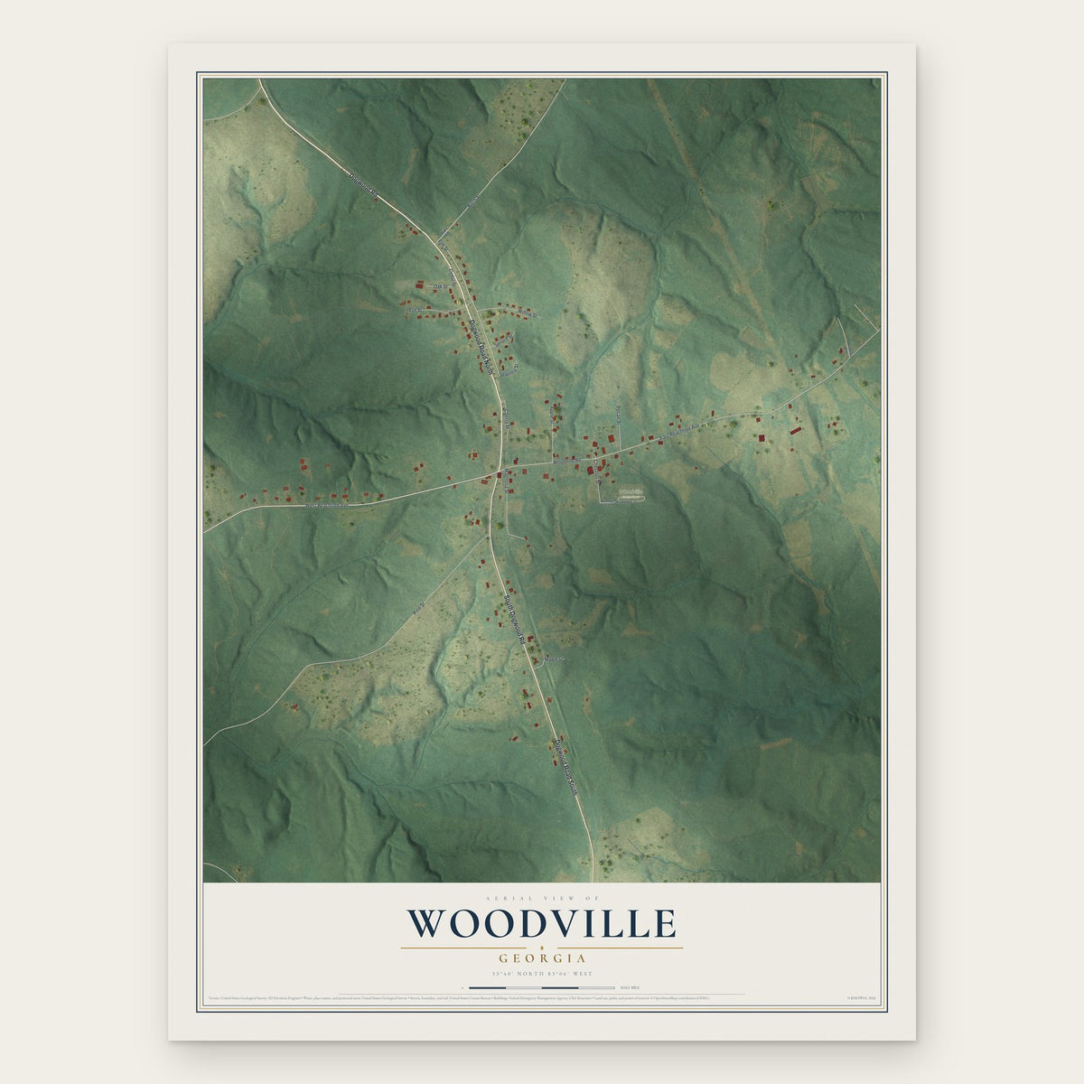 Woodville, Georgia map print, the full design