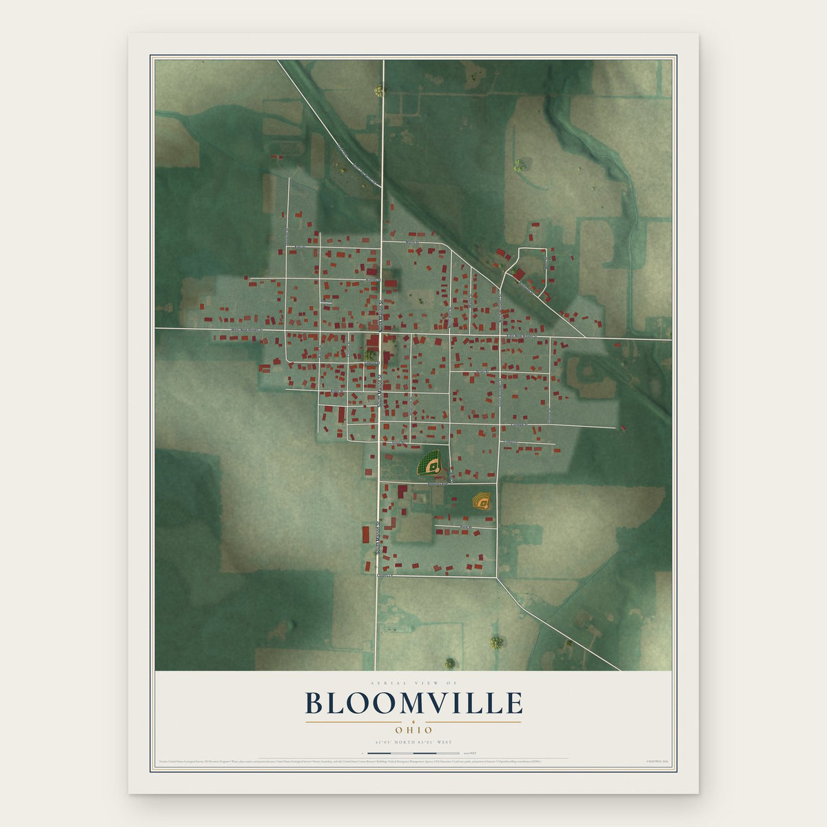 Bloomville, Ohio map print, the full design