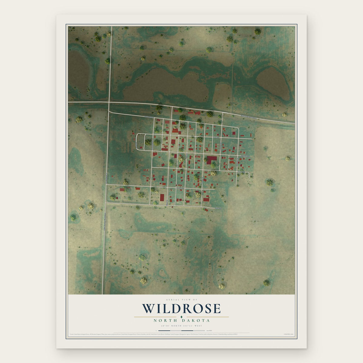 Wildrose, North Dakota map print, the full design